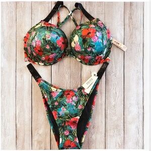 Victoria Secret 38DD Floral Bombshell‎ Push Up Bikini Set Shine Strap XL Bottoms